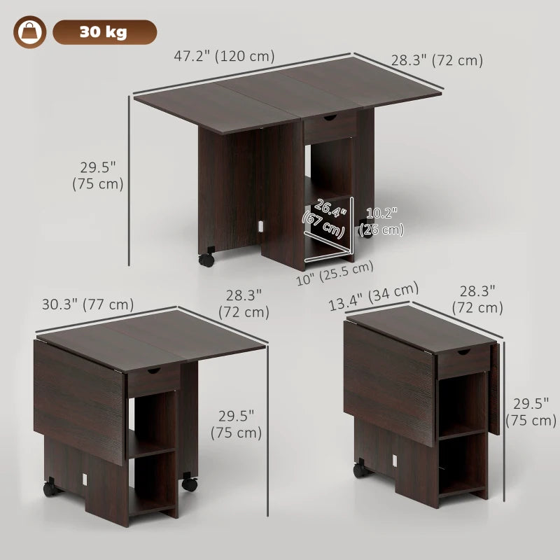 Folding Dining Table, Space Saving Drop Leaf Table with Drawer and Storage Shelves for Kitchen, Dining Room, Dark Brown