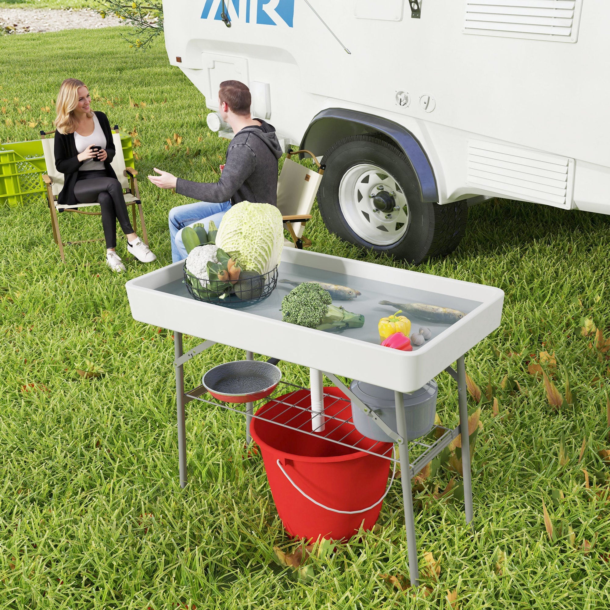 Outsunny 3.4ft Folding Ice Cooler Table with Drain, Party Cooler for Drinks, Outdoor Cooler Table with Storage Shelf, Patio Cooler Table for Party Picnic BBQ Camping Wedding, White 