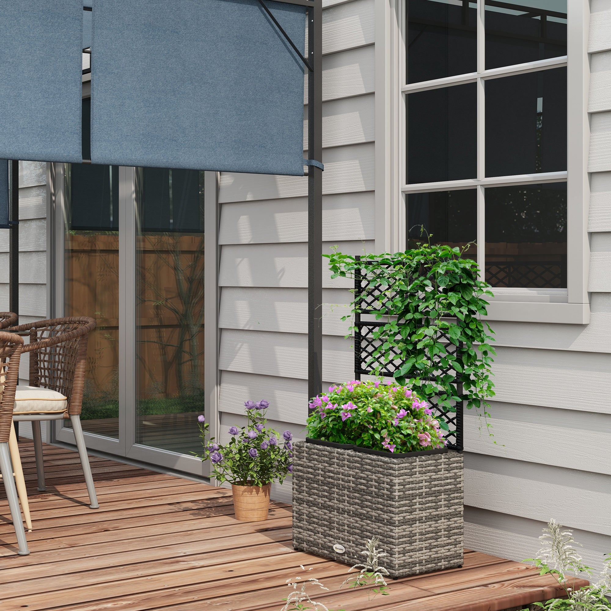 Outsunny Raised Garden Box 22L with Trellis PE Rattan Free Standing Planter for Climbing Plants Mixed Grey 