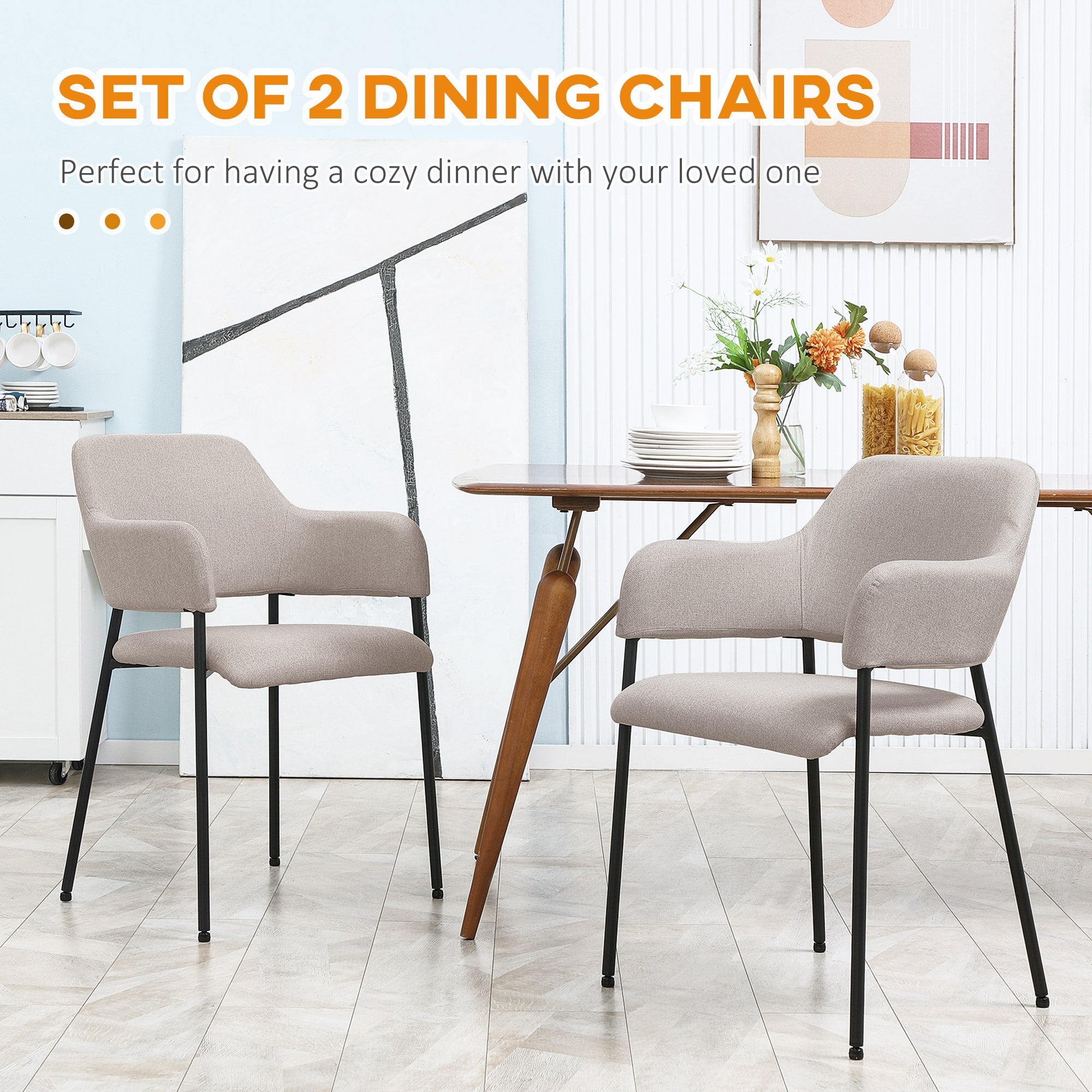 HOMCOM Modern Dining Chairs Set of 2, Linen-Touch Fabric with Armrests and Steel Legs, Accent Kitchen Chairs for Living Room Comfort 