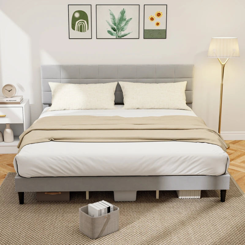 King Size Bed Frame with Upholstered Headboard, Modern Platform Bed Frame with Wood Slats, 1100 lbs Capacity, Grey