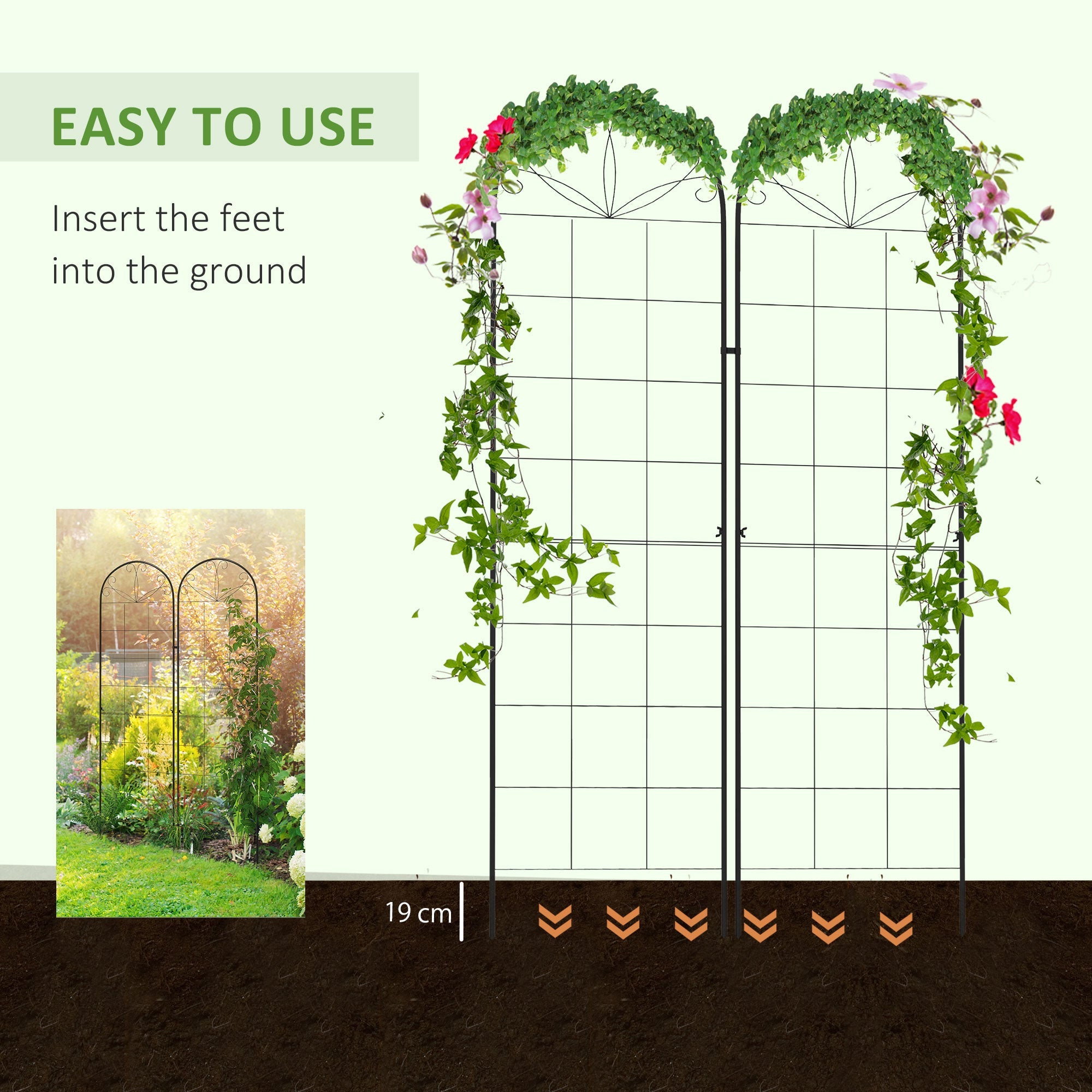 Outsunny 2 Pcs Garden Trellis for Climbing Plants, Outdoor Metal Trellis Plant Support Trellises for Patio, Lawn, Backyard 