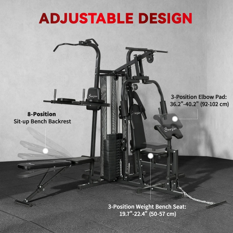 All-in-One Multi-Station Home Gym Workout Machine with Weight Stack, Pulley System & Adjustable Bench – Black