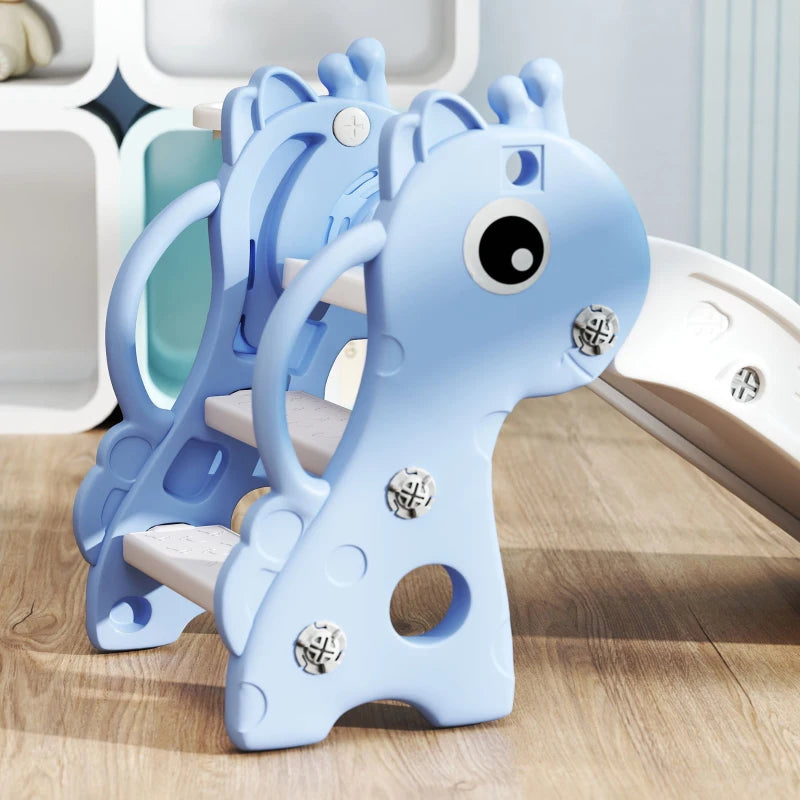 Qaba 3 in 1 Toddler Slide for Age 1-3, Kids Slide with Climber, Basketball Hoop and Ball, Giraffe Design, Blue