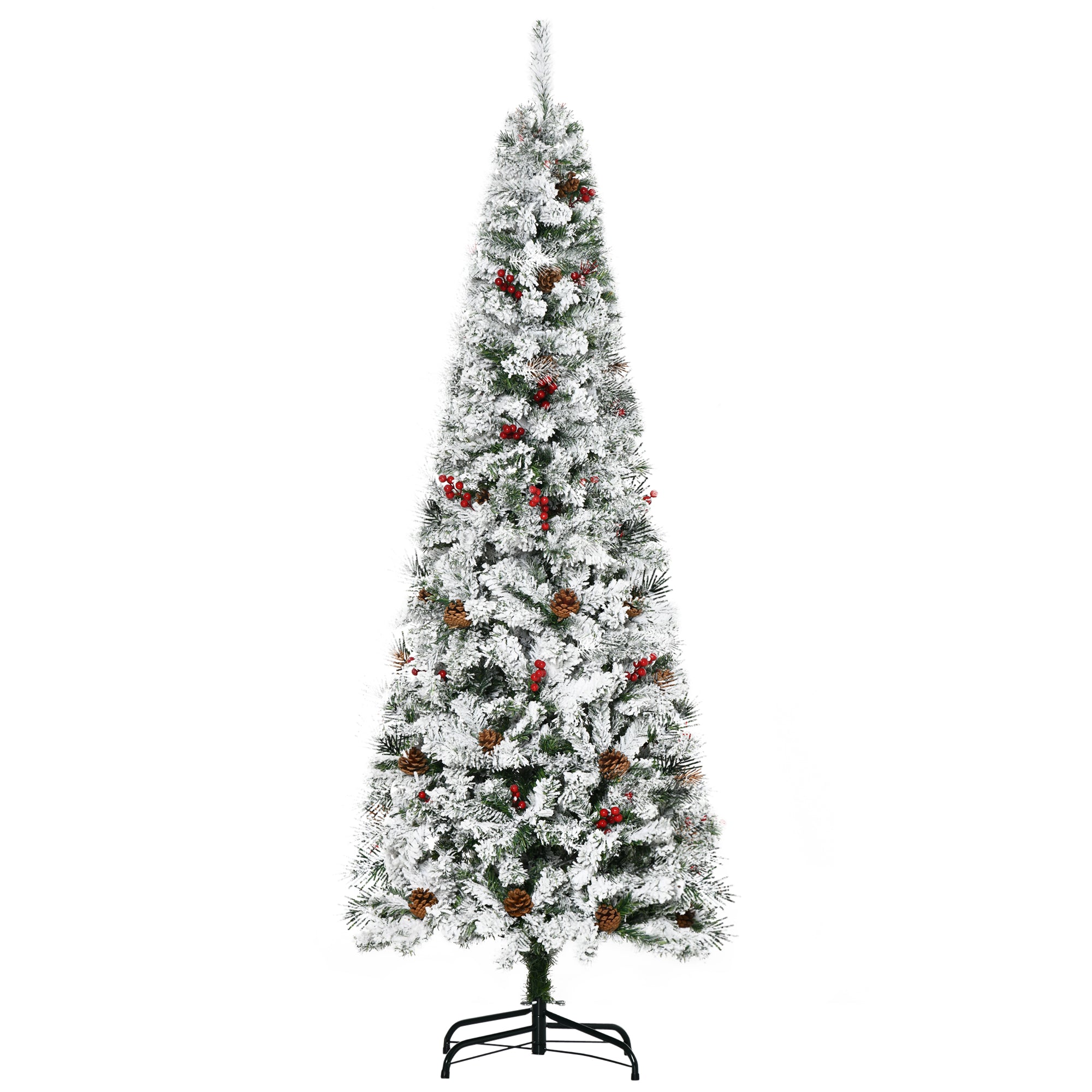 HOMCOM 6 FT Pencil Snow Flocked Artificial Christmas Tree with Pine Realistic Branches, Pine Cones, Red Berries, Auto Open, Green 