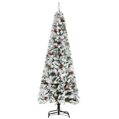 HOMCOM 6 FT Pencil Snow Flocked Artificial Christmas Tree with Pine Realistic Branches, Pine Cones, Red Berries, Auto Open, Green 