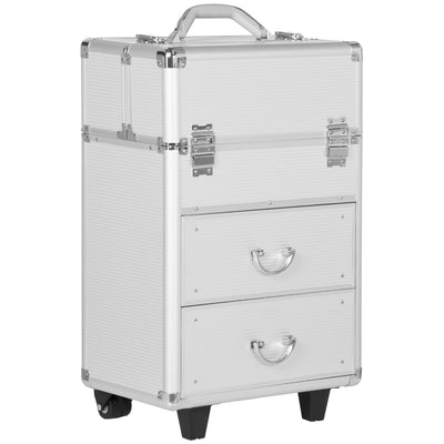 HOMCOM Large Cosmetic Trolley Rolling Makeup Train Case Storage Lockable Cart Silver with Folding Trays Swivel Wheels 