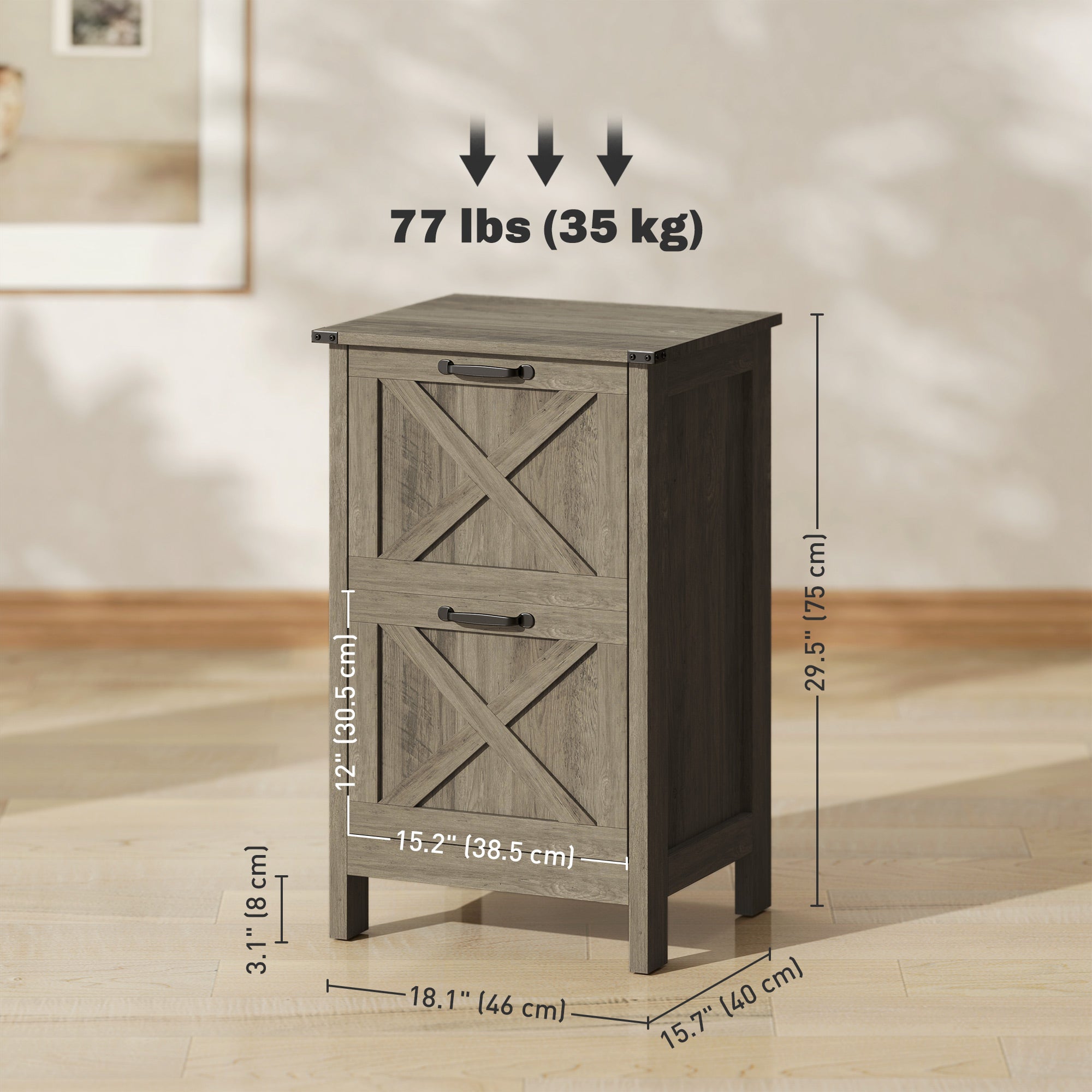 HOMCOM Vertical Filing Cabinet with 2 Drawers, Rustic Farmhouse Office Storage Cabinet for A4, Letter Size, Grey Wash 