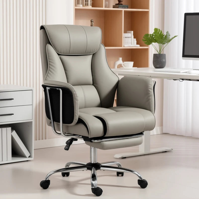 Reclining Office Chair, Overstuffed Executive Desk Chair with High Back, PU Leather, Footrest, Swivel Wheels, Grey