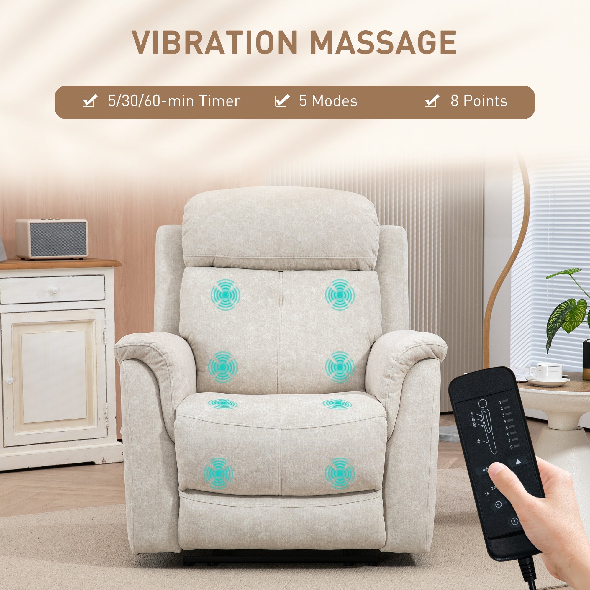 HOMCOM Manual Recliner Chair with Vibration Massage, Beige - Cozy Reclining Chair for Living Room with Side Pockets 