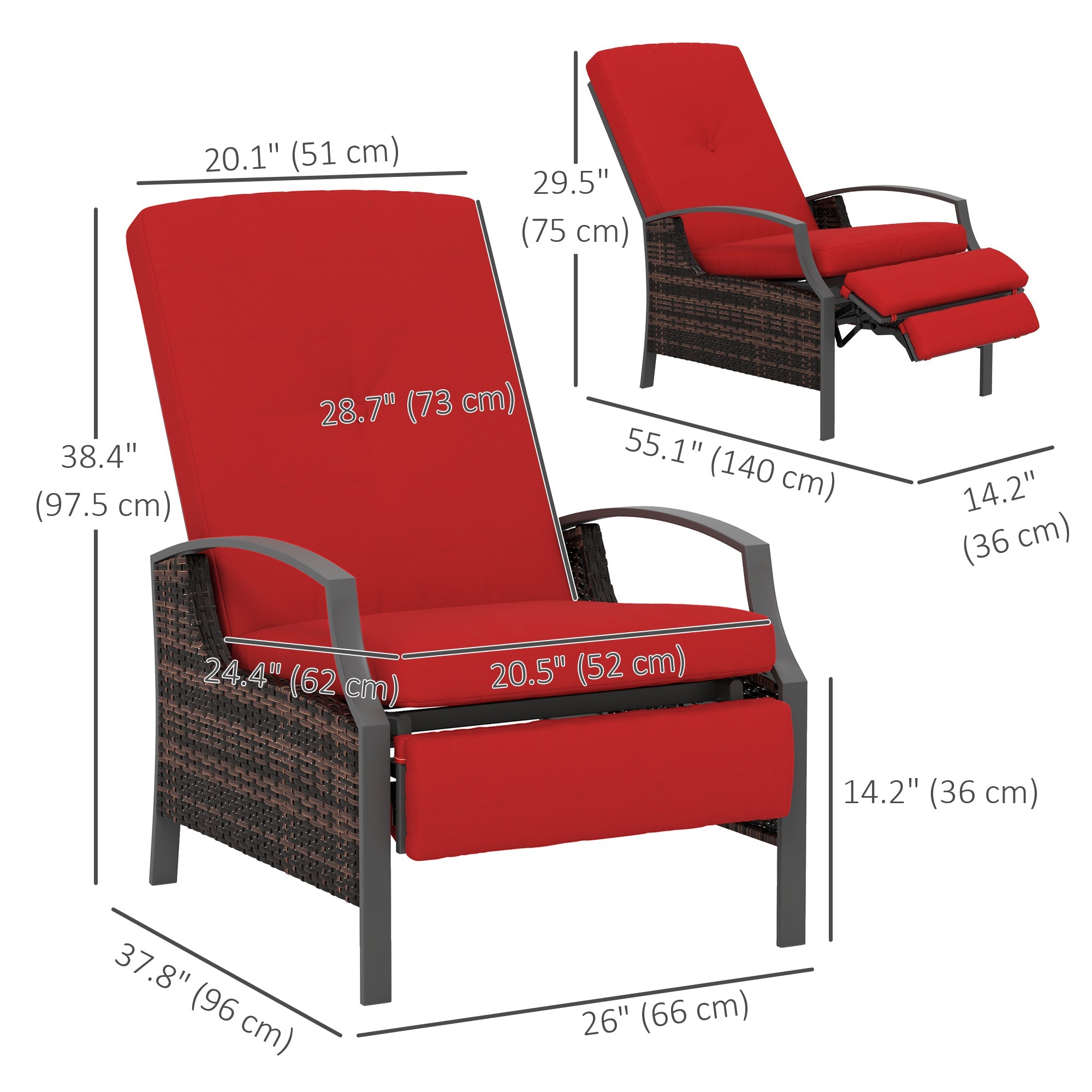 Outsunny Outdoor Rattan Recliner Chair, Wicker Reclining Chair with Adjustable Back Retractable Footrest Cushion Wine Red 