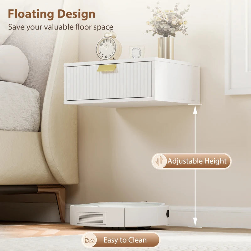 Modern Floating Nightstands Set of 2, Wall Mounted Bedside Tables with Wave Drawer White