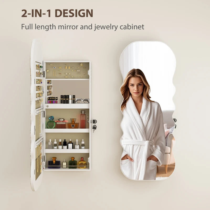 Jewelry Armoire Cabinet with Lights, Wall Mounted or Door Hanging Mirror Jewelry Cabinet with Full Length Mirror, White