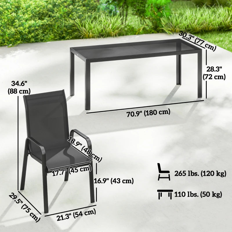 9 Pieces Patio Set with Stackable Chairs, Patio Dining Set with Glass Top for Garden, Patio, Backyard, Black