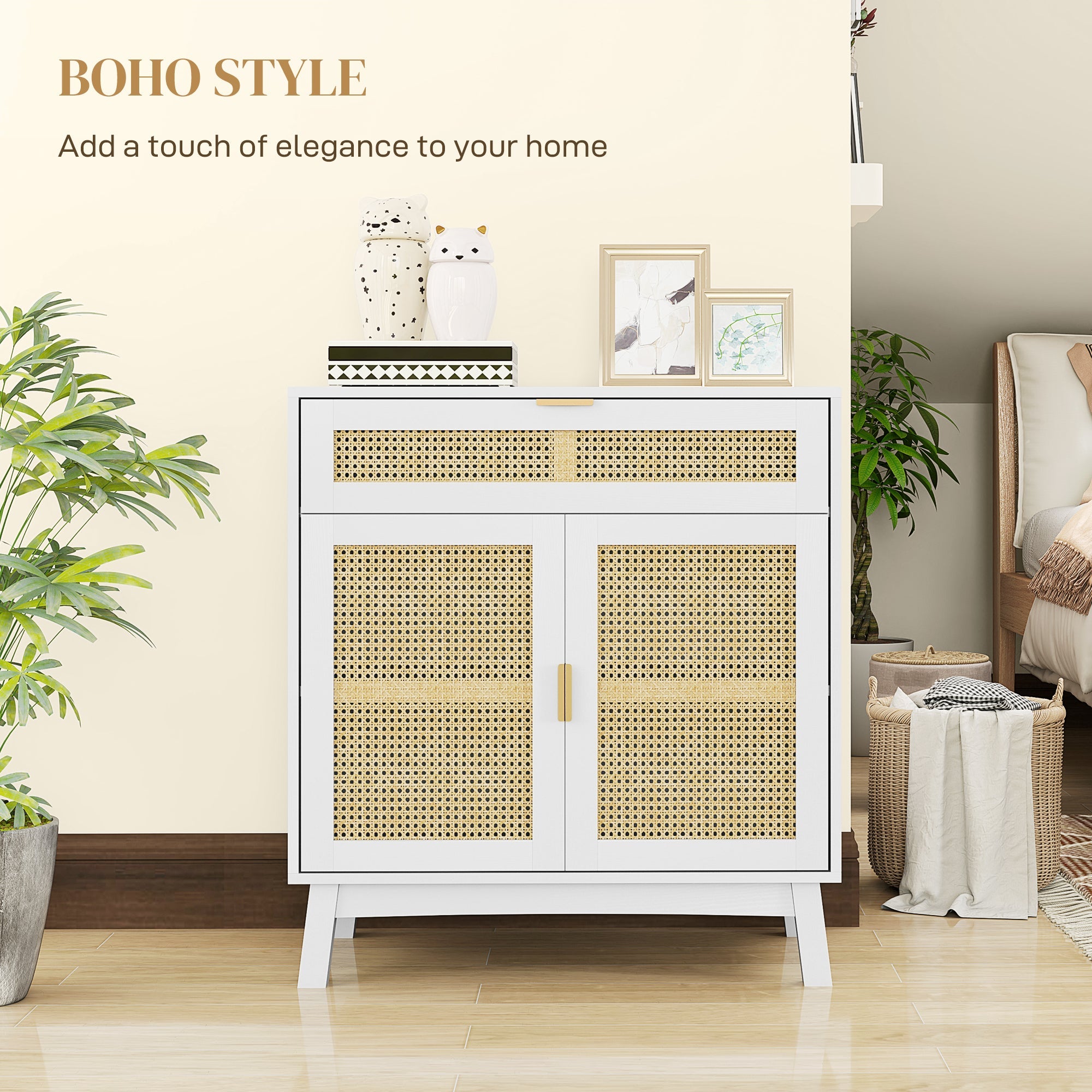 HOMCOM Boho Sideboard Storage Cabinet with Rattan Doors, White 
