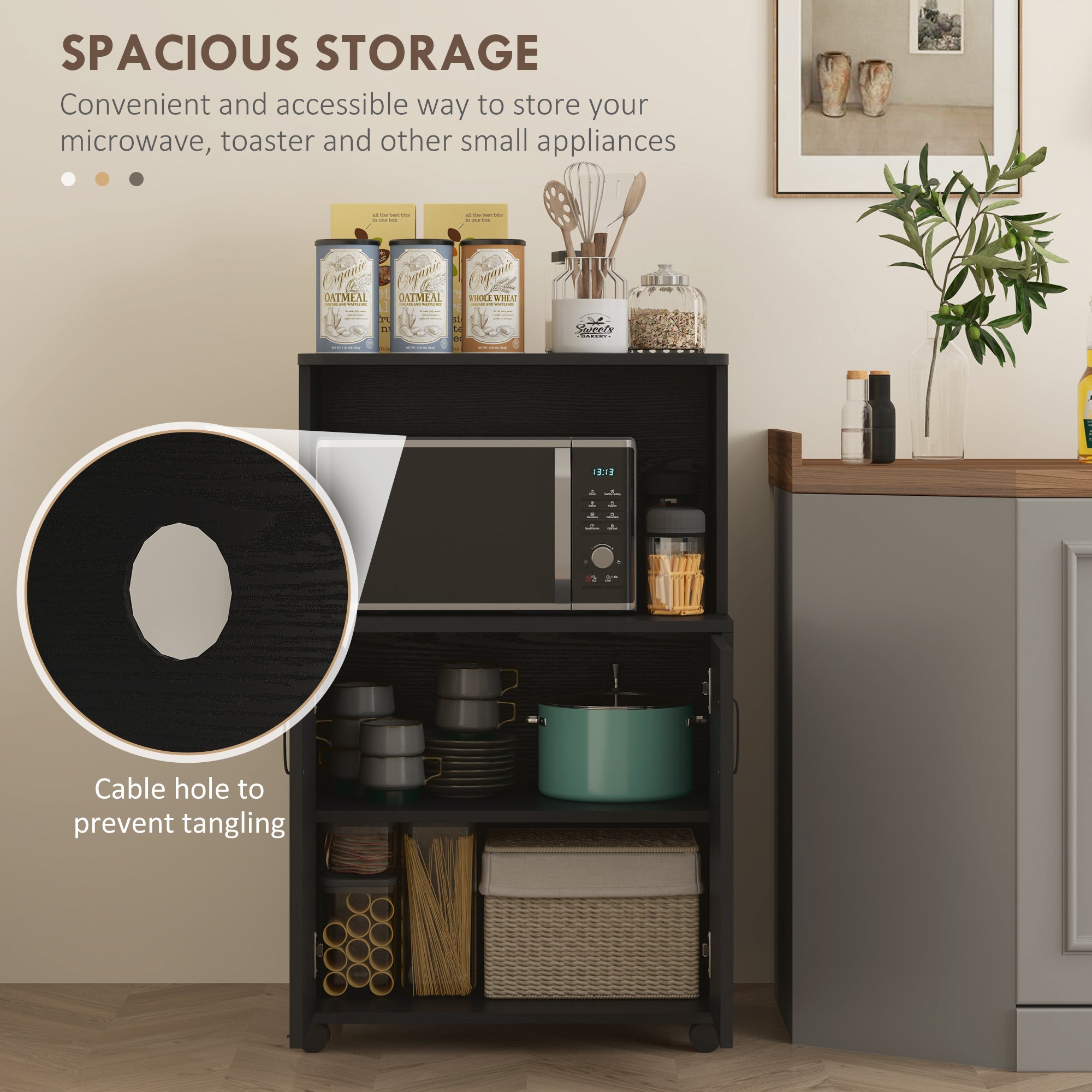 HOMCOM Microwave Cart on Wheels Utility Trolley Storage Sideboard Bookcase with 2-door Cabinet, Black Wood Grain 