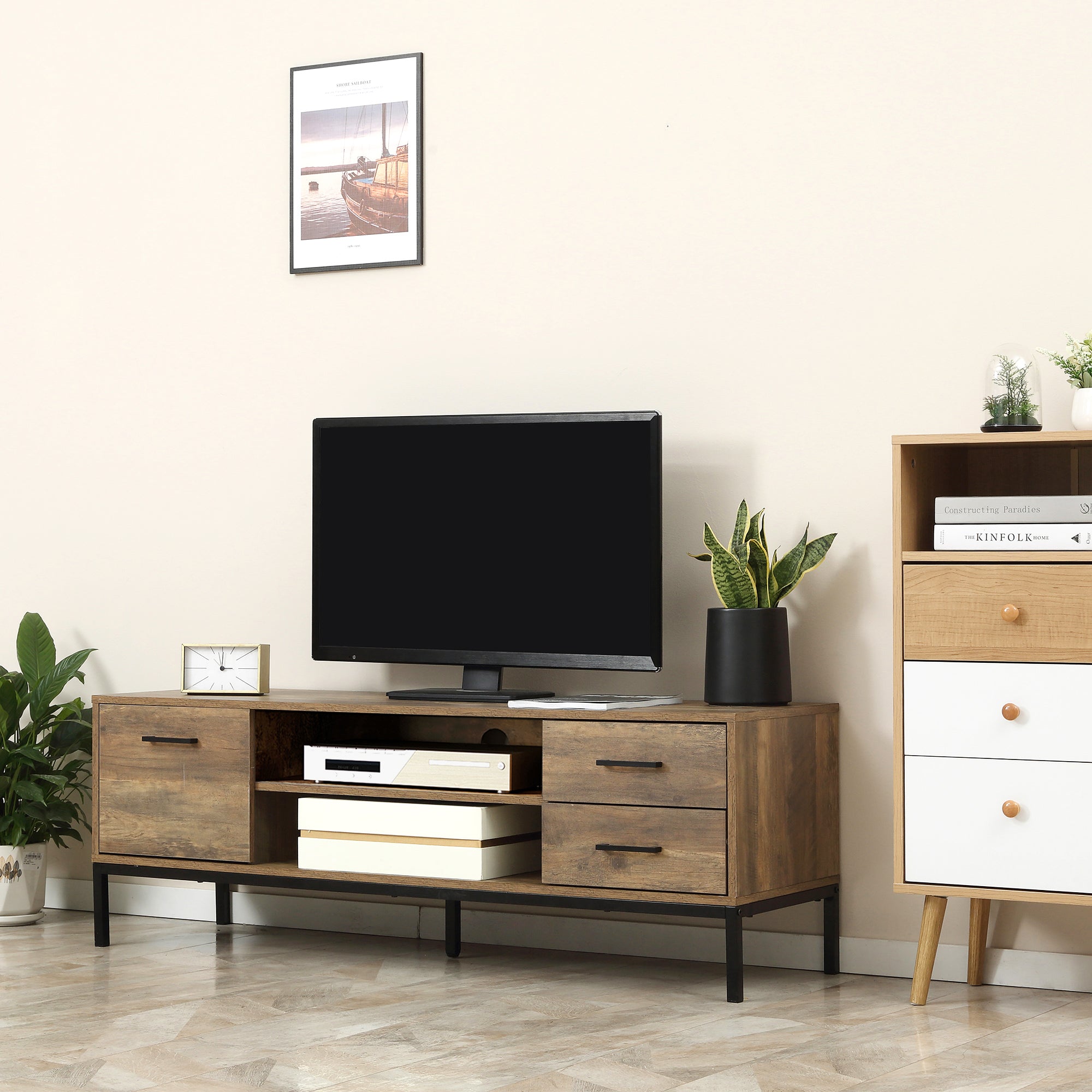 HOMCOM Contemporary Coffee Convergence: TV Stand for up to 50" TVs, Entertainment Center with Door, Open Storage, Drawers, Steel Legs 