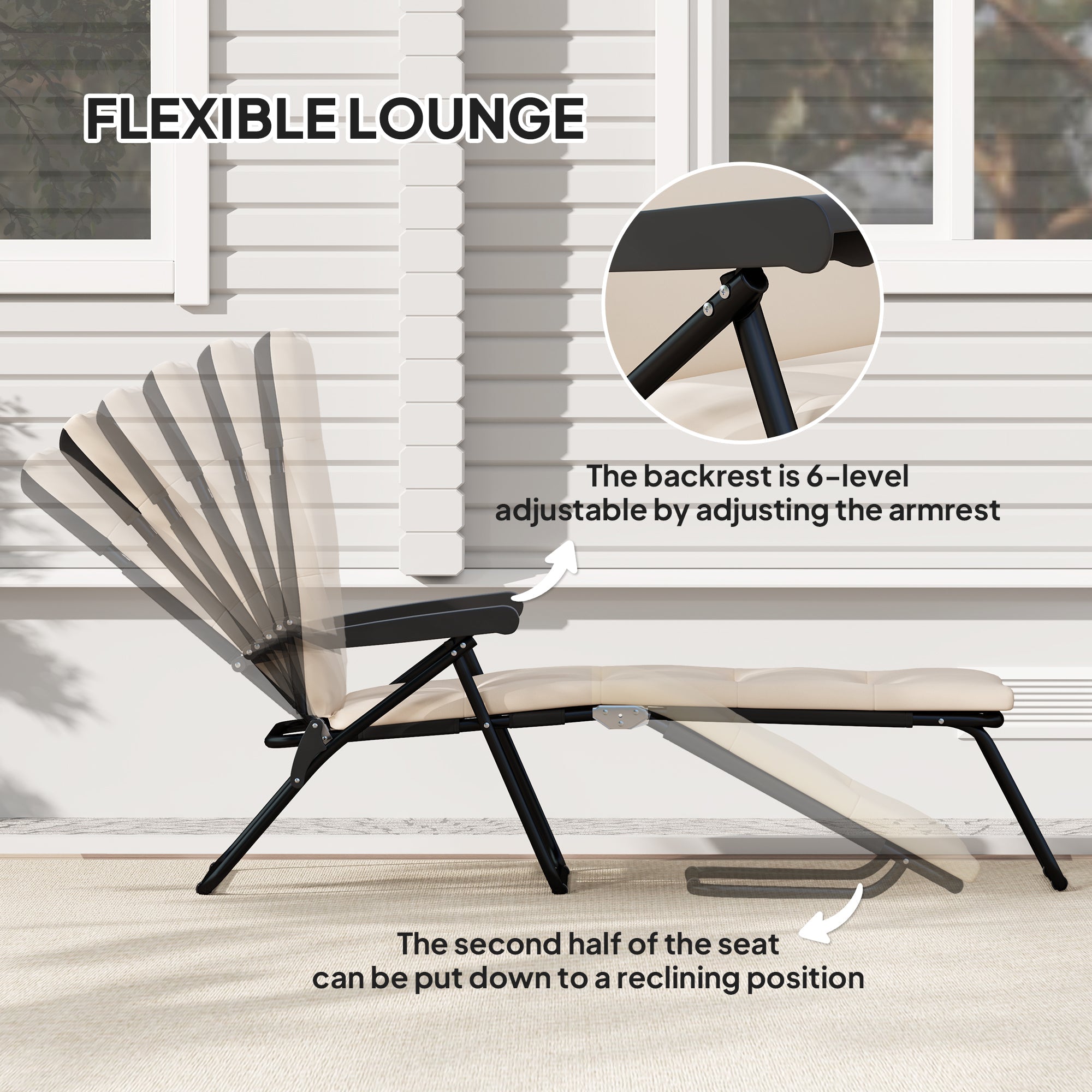 Outsunny Foldable Lounge Chair, Reclining Patio Sun Lounger with 6-Position Adjustable Back, Beige 