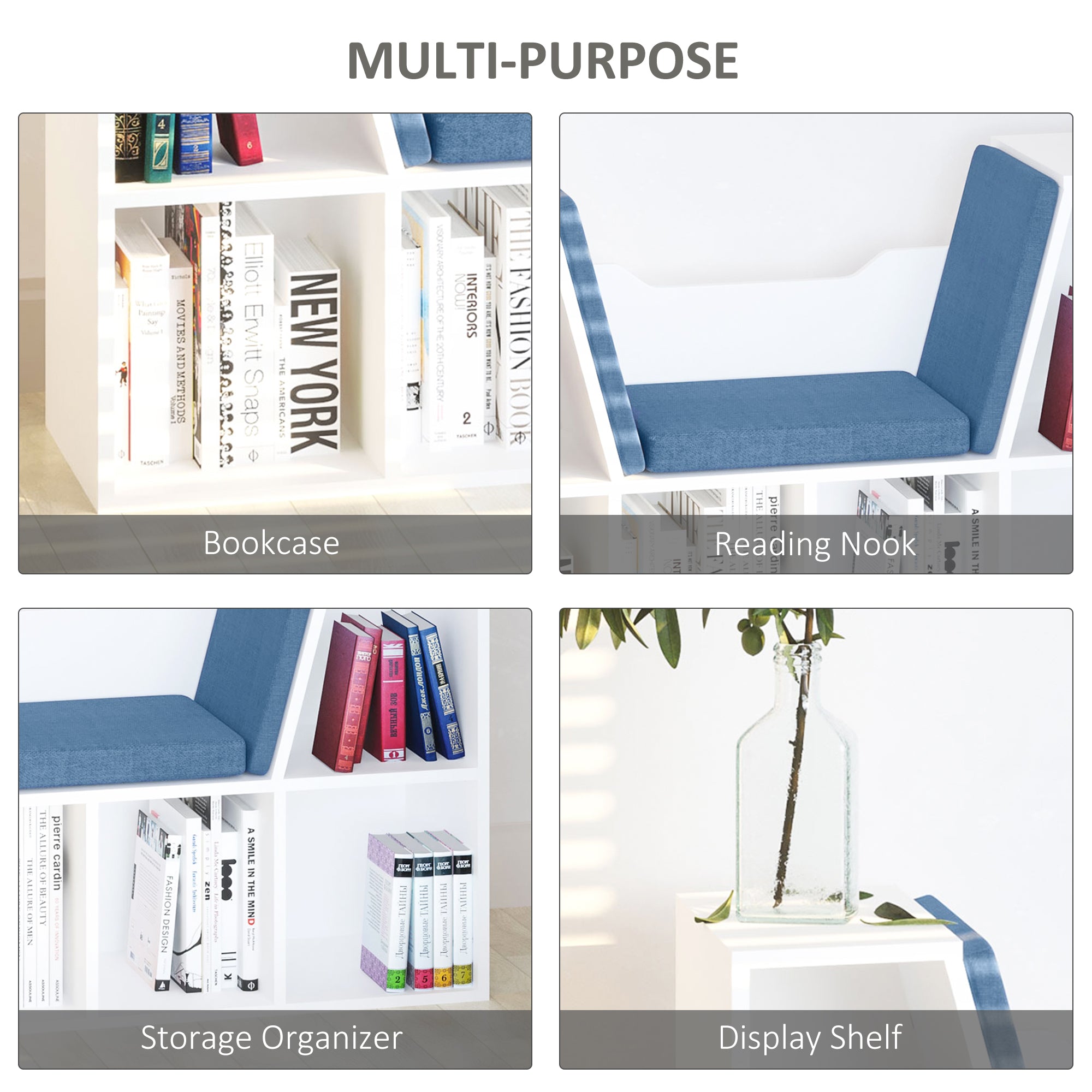 HOMCOM Kiddie Cubby Bliss: 6-Cubby Bookcase with Cushioned Reading Nook, Storage Organizer Cabinet Shelf in White & Blue 
