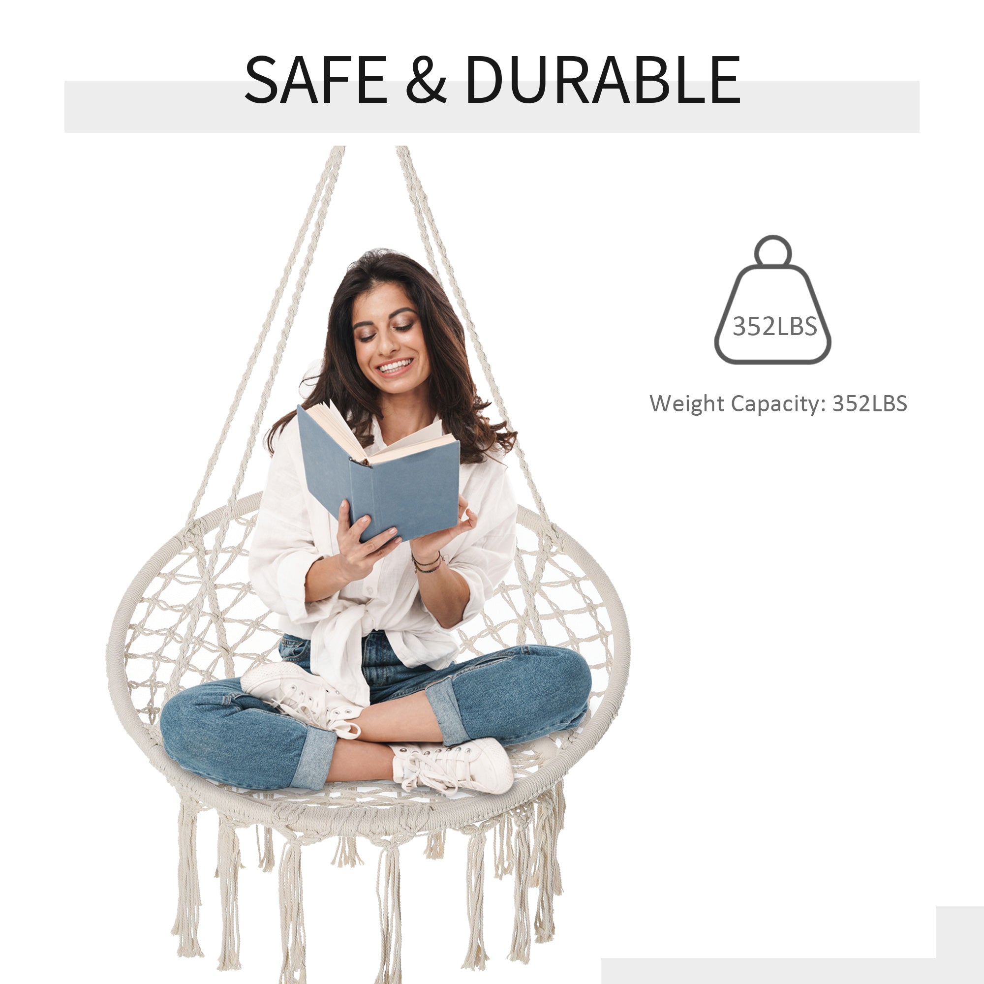 Outsunny Hammock Chair Hanging Rope Swing Indoor Outdoor Backrest Cotton Polyester Fringe Tassels Cream White 
