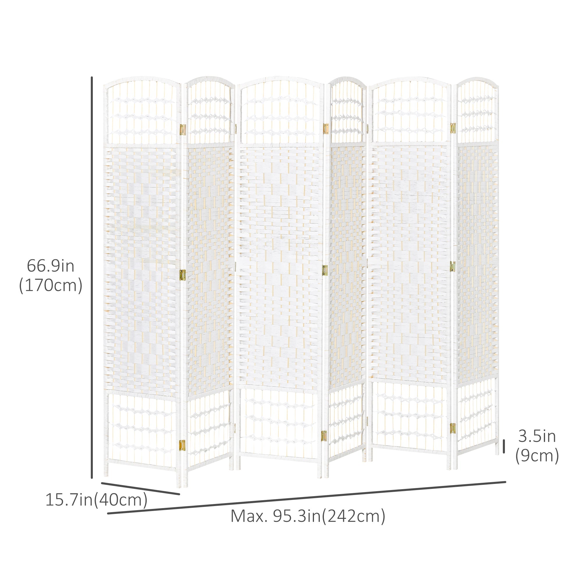 HOMCOM Woven Wonderland: 6-Panel 5.6FT Tall Freestanding Folding Screen, Woven Fiber Room Divider for Living Room, Bedroom, White 