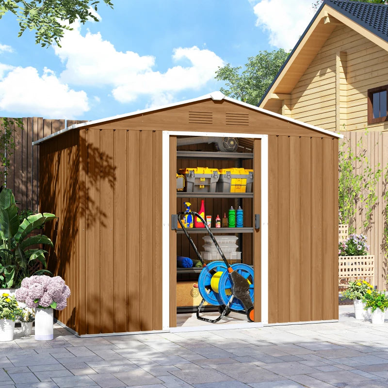 8' x 6' Outdoor Storage Shed, Metal Garden Tool Storage House with Lockable Sliding Doors and Vents for Backyard Patio Lawn, Dark Brown