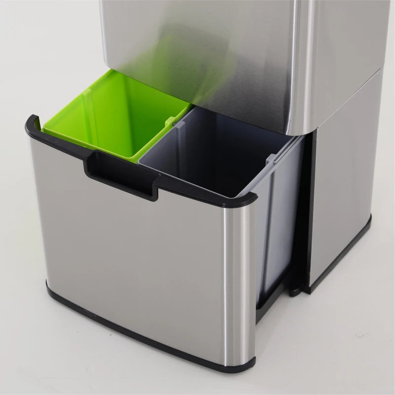 Sensor Trash Can, 19 Gallon Stainless Steel Kitchen Garbage Can with 3 Compartments, Removable Inner Buckets, Silver