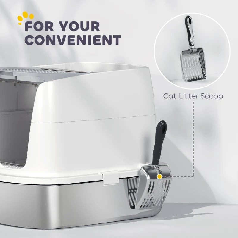 Large Stainless Steel Litter Box, Enclosed Metal Cat Litter Tray with Scoop, Deodoriser Bag, Front-Entry and Top-Exit