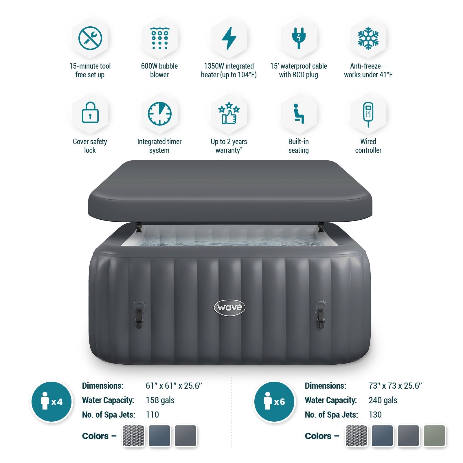 Pacific | 4/6-Person Inflatable Hot Tub | Square | Integrated Heater 