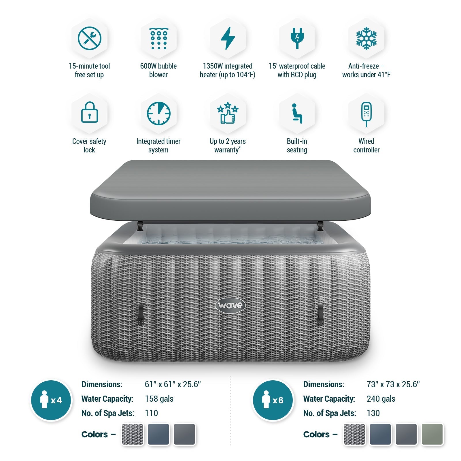 Pacific | 4/6-Person Inflatable Hot Tub | Square | Integrated Heater 