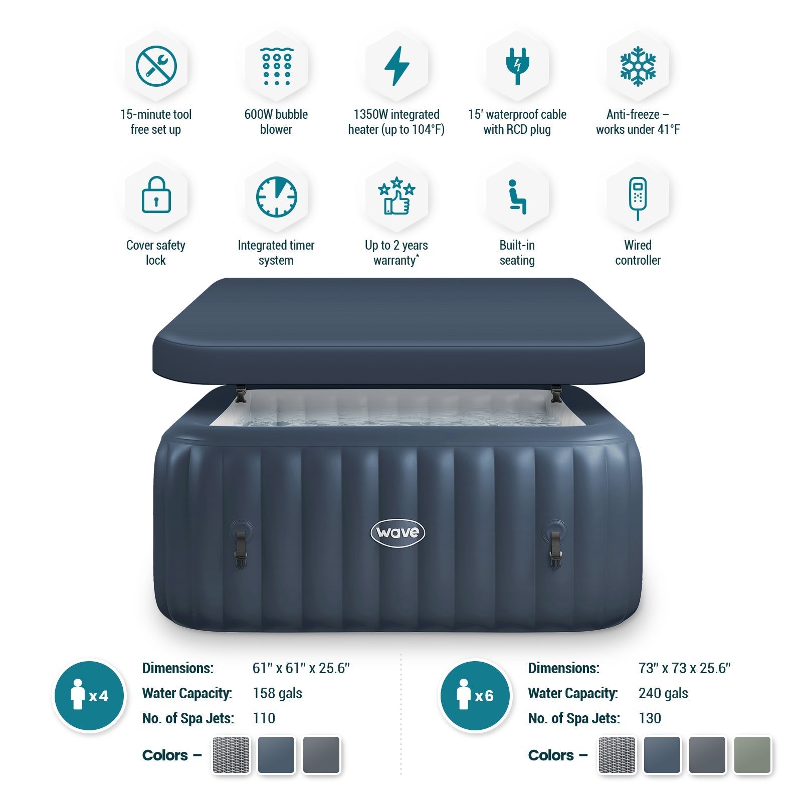 Pacific | 4/6-Person Inflatable Hot Tub | Square | Integrated Heater 