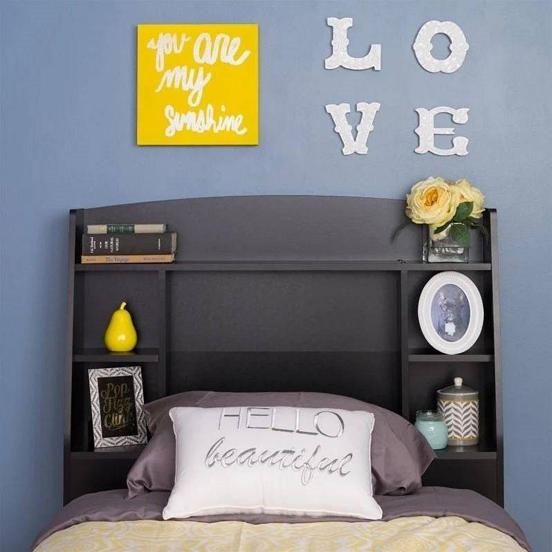 Twin size Bookcase Storage Headboard in Black Wood Finish - Free Shipping