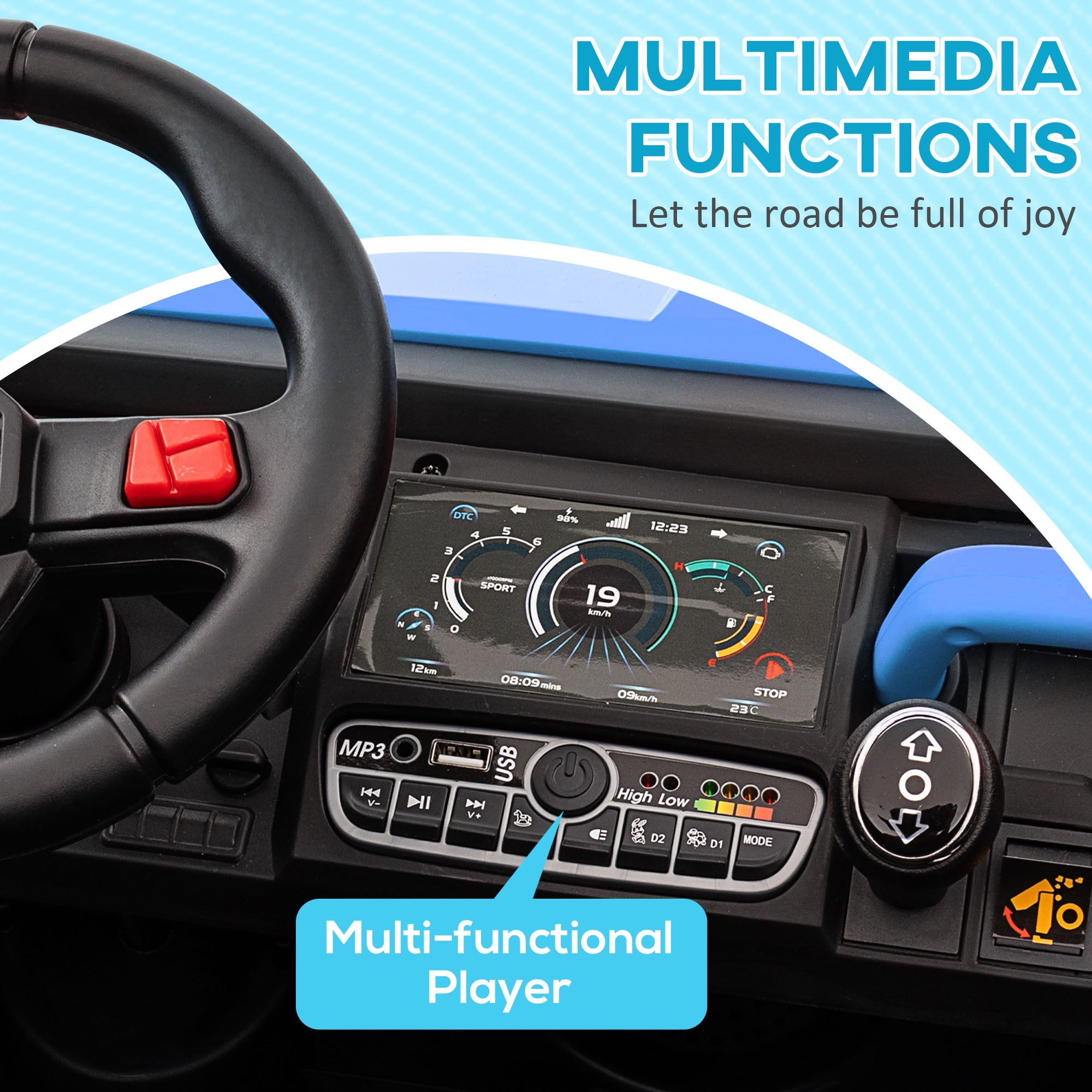 Aosom 12V Ride-On Car 2-Seater Electric Bucket Shovel Remote Control Spring Suspension Horn Music Blue 