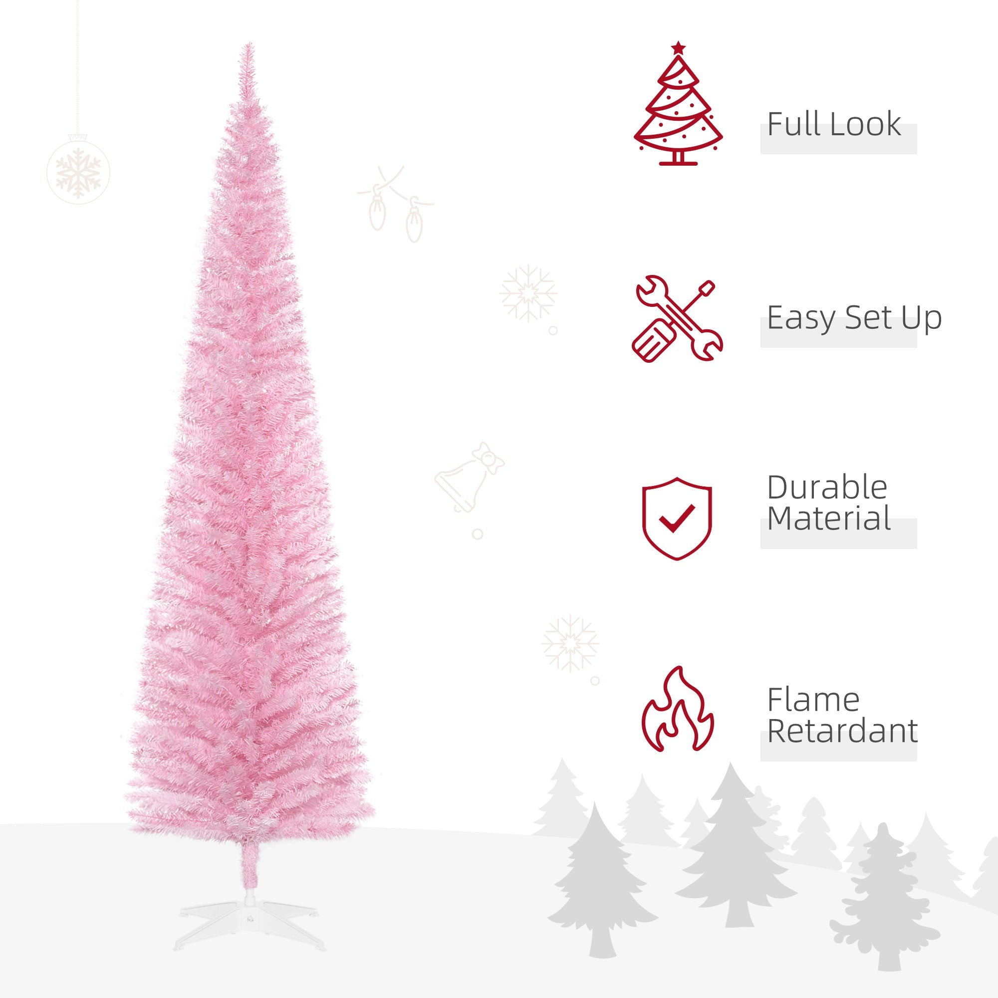 HOMCOM 7' Pencil Christmas Tree, Slim Artificial Xmas Tree with Realistic Branches, Sturdy Metal Stand, Pink 
