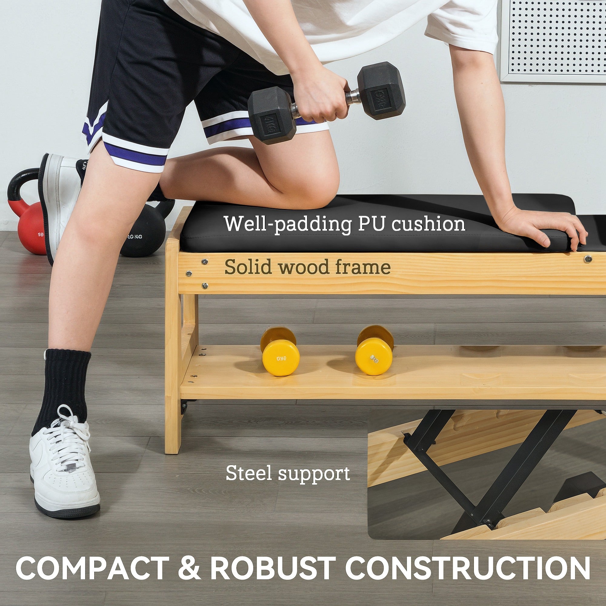 Soozier Wooden Adjustable Weight Bench with Dumbbell Storage Rack, Flat or Incline Workout Bench for Weight Lifting, Black 