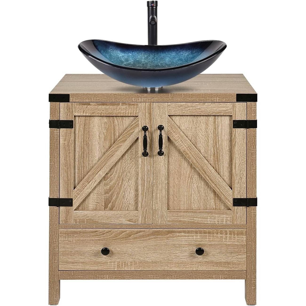 Farmhouse Wood Finish Bathroom Vanity w/ Blue Glass Sink Black Faucet and Drain - Free Shipping 