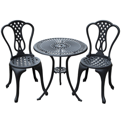 Outsunny 3 Pieces Antique Outdoor Bistro Set Cast Aluminum Patio Table and Chairs with Umbrella Hole Black 
