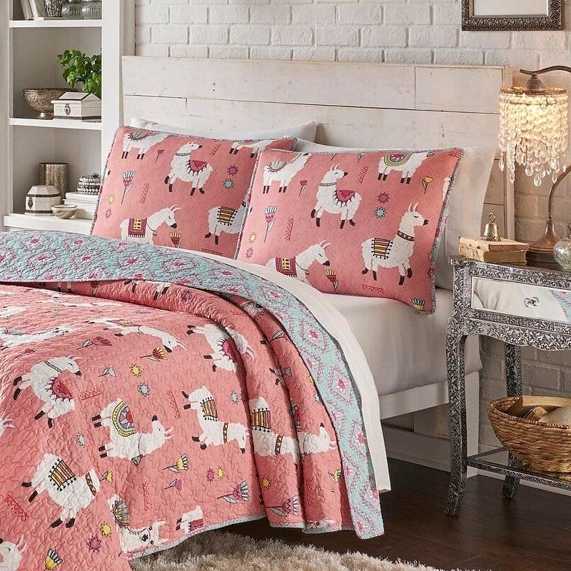 Twin/Twin XL Pink Blue Reversible Floral Llama Cotton Quilt Set - Free Shipping