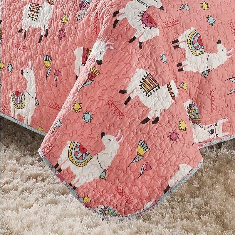 Twin/Twin XL Pink Blue Reversible Floral Llama Cotton Quilt Set - Free Shipping