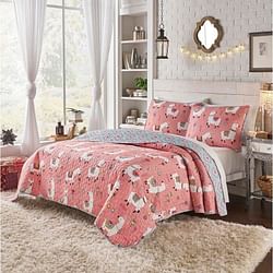 Twin/Twin XL Pink Blue Reversible Floral Llama Cotton Quilt Set - Free Shipping