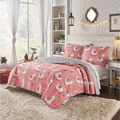 Twin/Twin XL Pink Blue Reversible Floral Llama Cotton Quilt Set - Free Shipping 