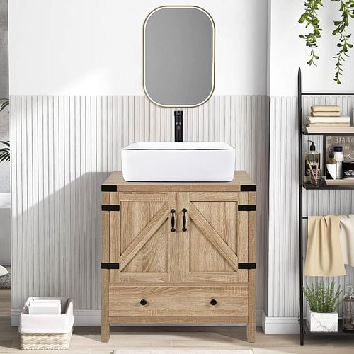 Farmhouse Wood Finish Bathroom Vanity with White Sink - Black Faucet and Drain - Free Shipping 