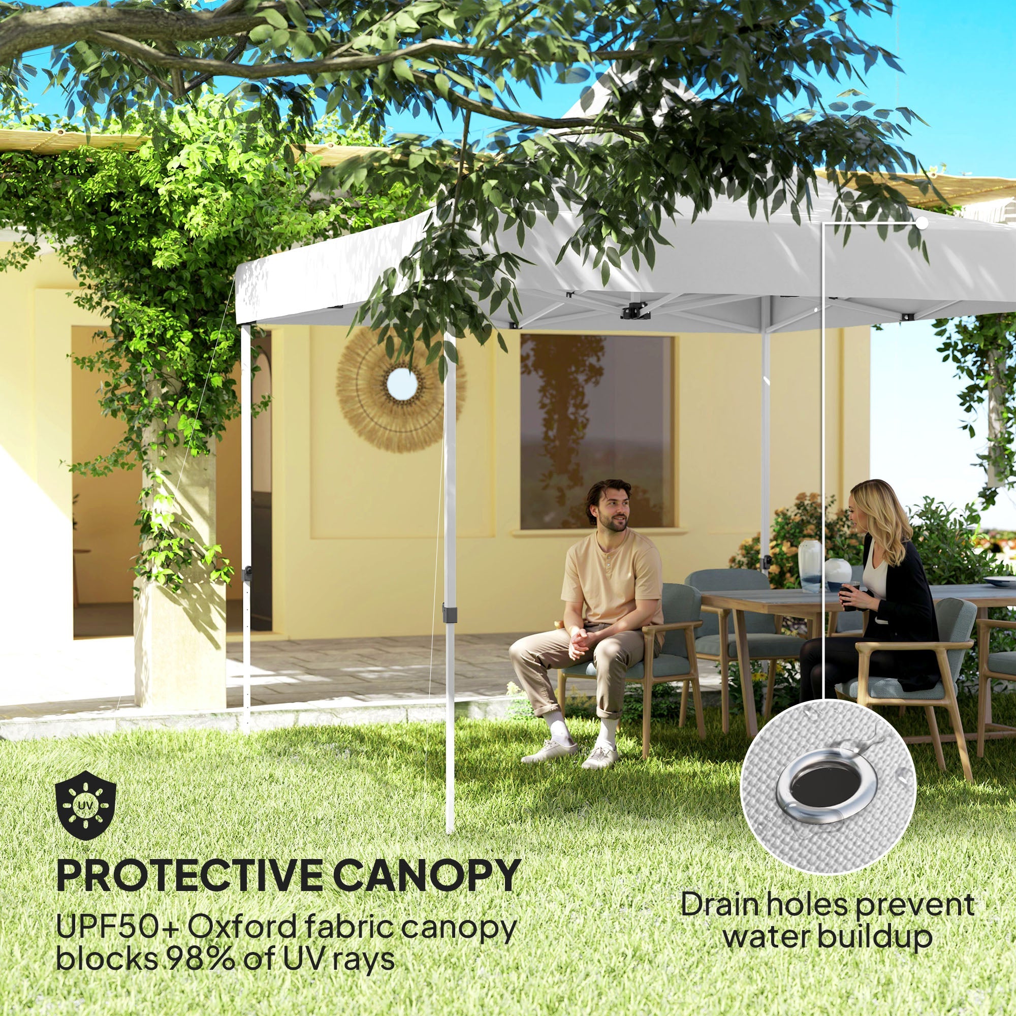 Outsunny 10' x 10' Heavy Duty Pop Up Canopy Tent w/ Sidewall, UPF50+ Instant Sun Shelter w/ Storage Pockets, Wheeled Bag, White 