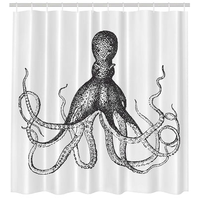 Machine Washable Black White Vintage Octopus Shower Curtain - Free Shipping 