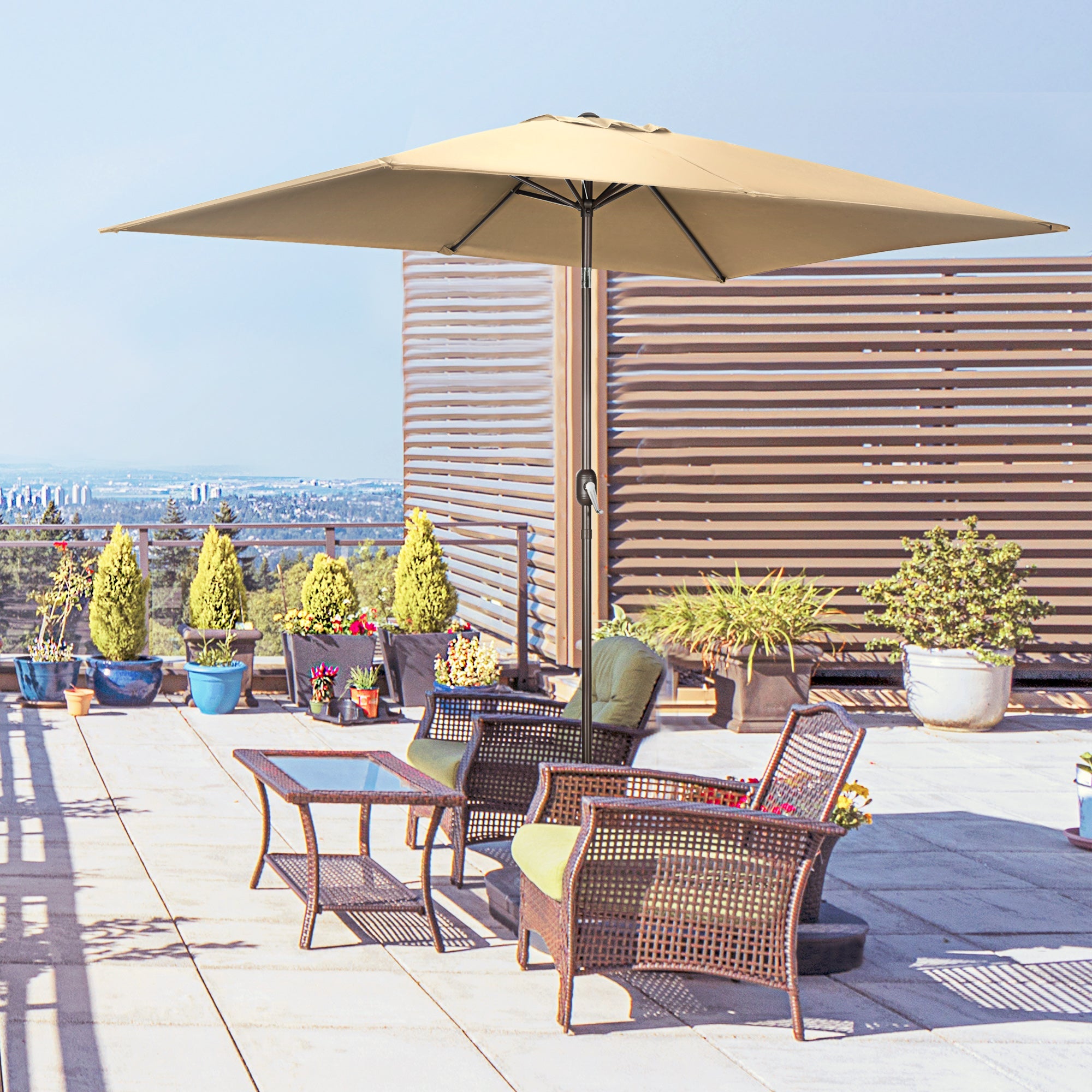 Outsunny Rectangle Patio Umbrella: 6.5x10ft Aluminum Tilt Outdoor Sunshade Canopy with Crank, Tan 