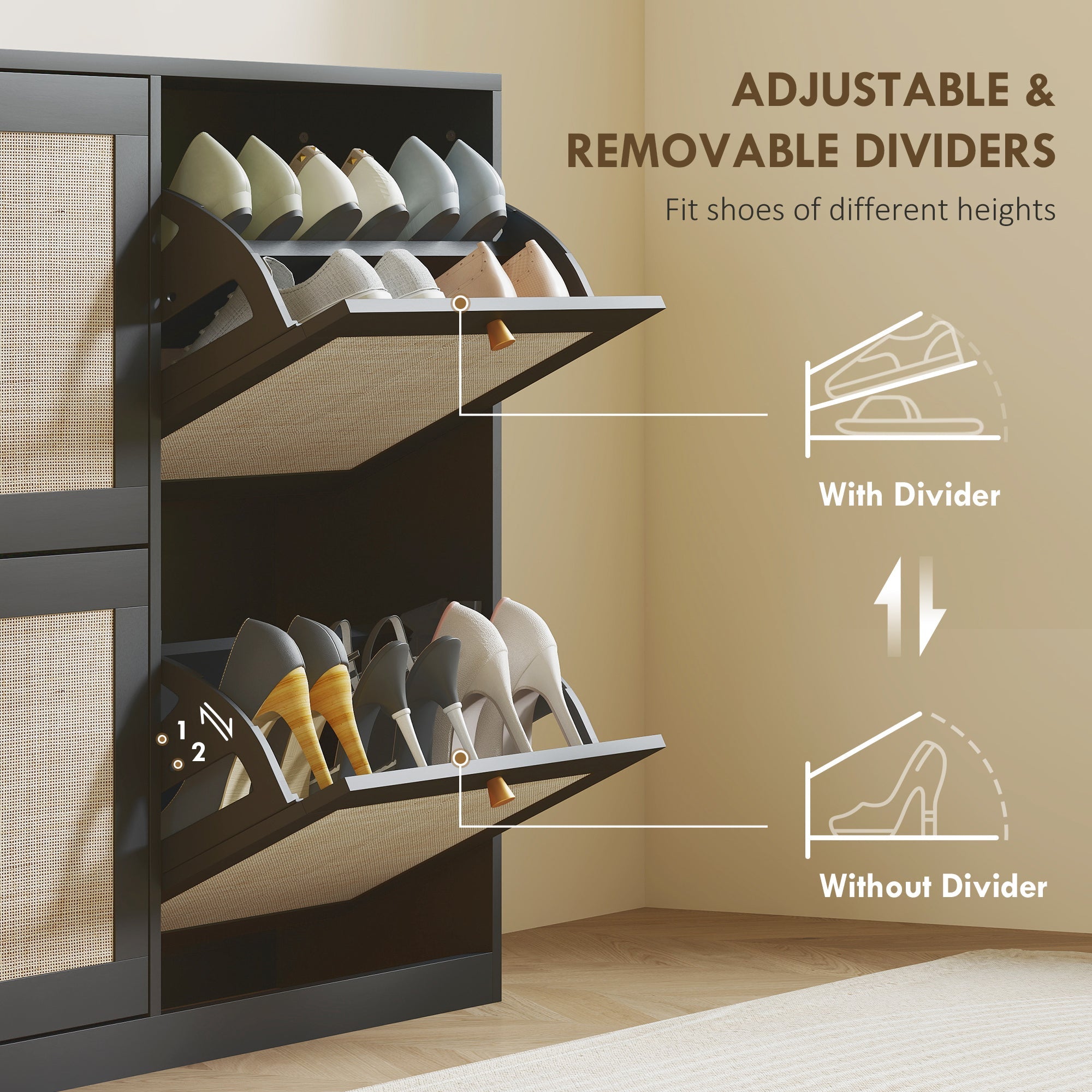 HOMCOM Narrow Shoe Storage Cabinet, Rattan Shoe Cabinet with 4 Flip Drawers and Adjustable Shelves for 20 Pairs, Black 