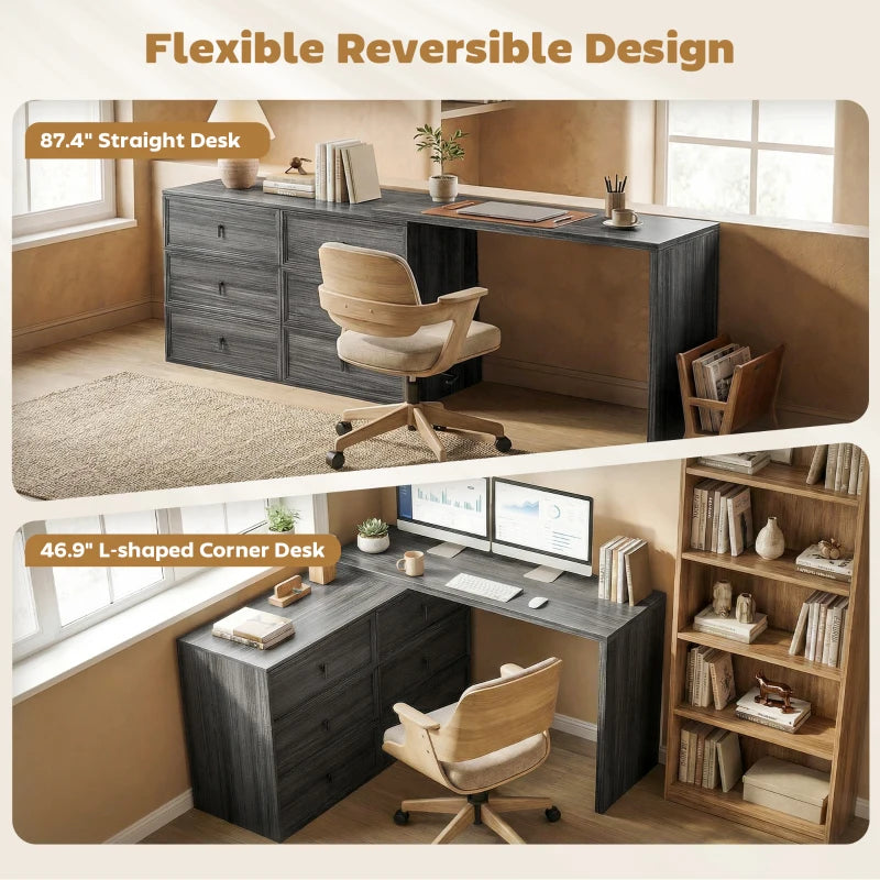 L Shaped Computer Desk Home Office Desk with 6 Drawers Black Wood Grain