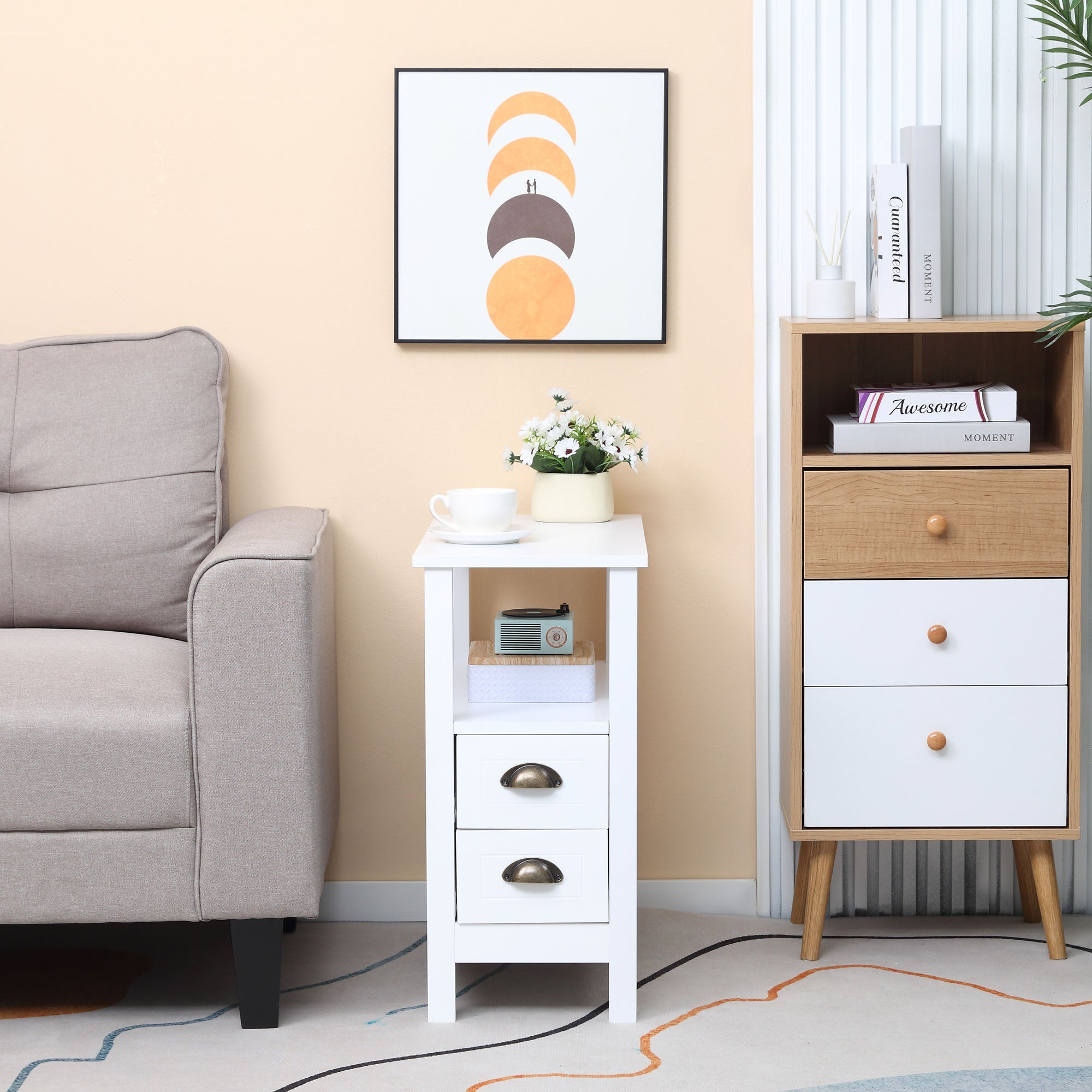 HOMCOM Slim End Table: White with 2 Drawers & Storage Shelf for Compact Living Room & Bedroom Spaces 