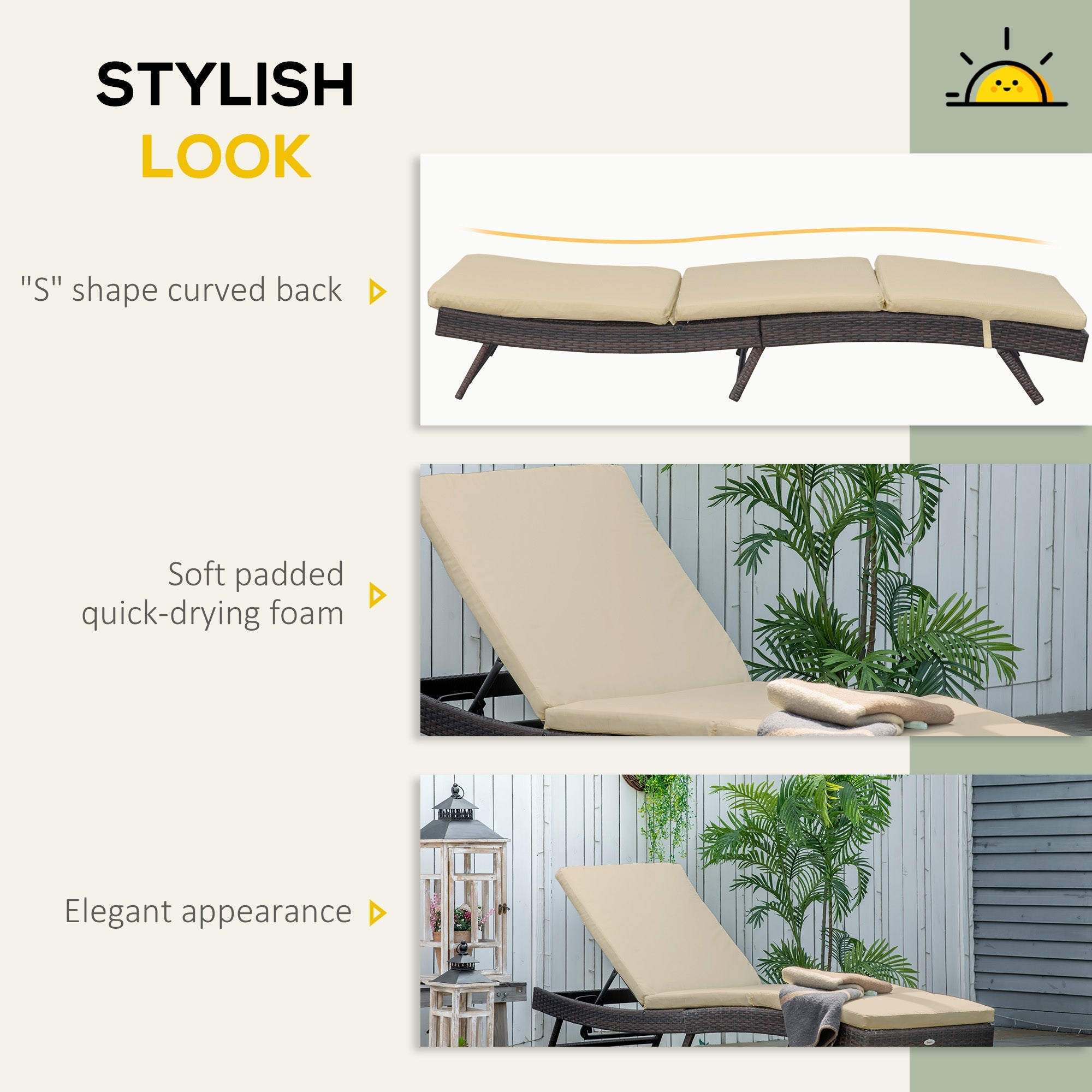 Outsunny Wicker Patio Lounger, Outdoor Recliners Lounge Chair w/ 5-Level Adjustable Backrest, Cushion for Outdoor, Khaki 