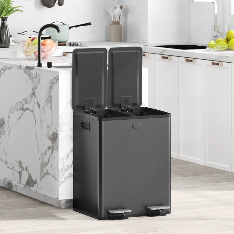 Dual Garbage Bin, Soft-Close Trash Can with Foot Pedal, 2 x 20 Liter Garbage Can with Removable Inner Buckets, Black